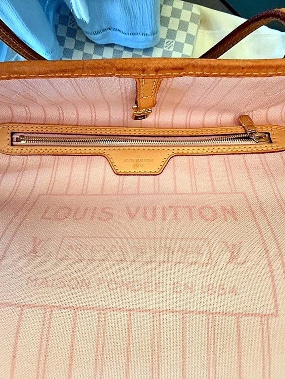 Louis Vuitton Neverfull MM Damier Azur Rose Ballerine Damier Azur Tote with